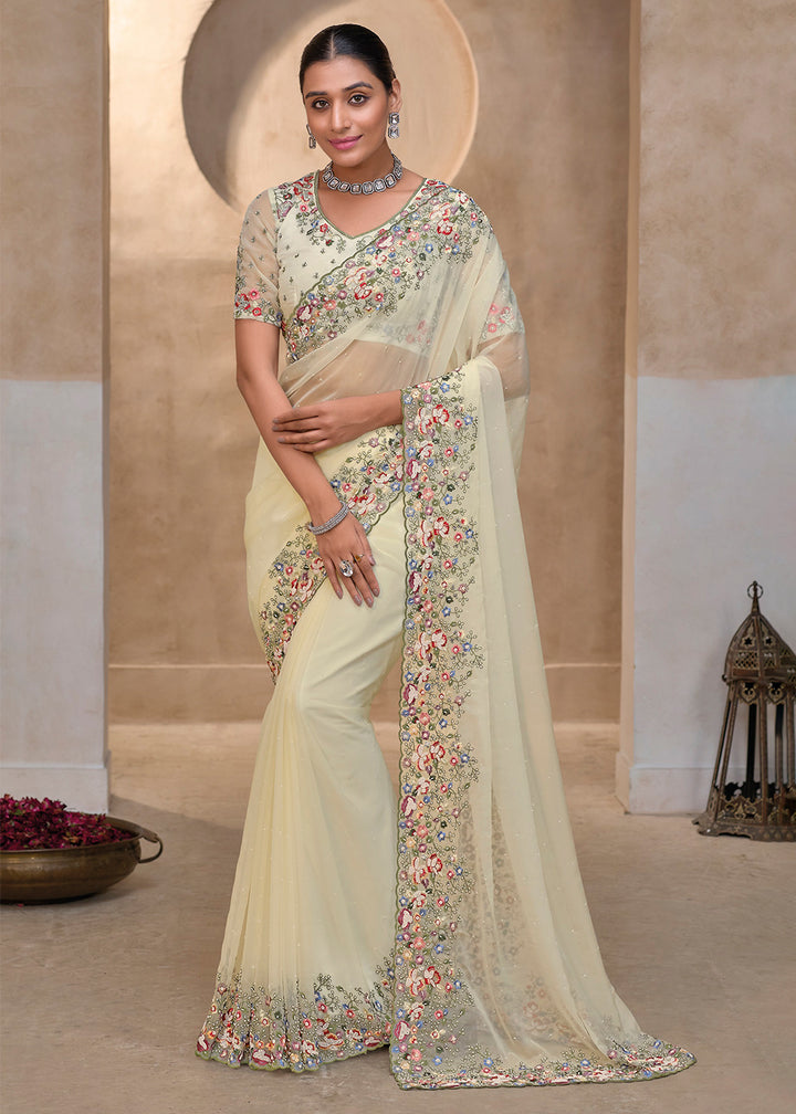 Pearl White Tuscany Banarasi Saree with Intricate Zarkan & Moti Accents