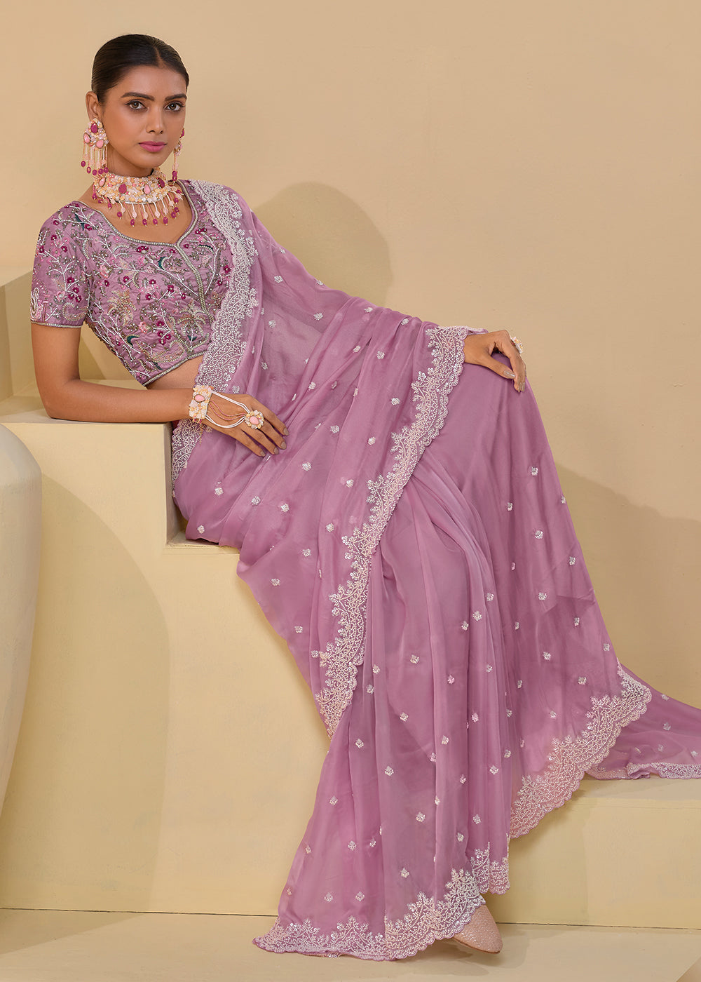 Lilac Purple Banarasi Tuscany Saree with Elegant Moti & Sequins Work