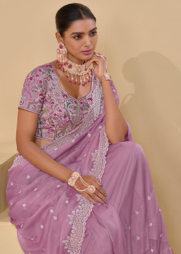 Lilac Purple Banarasi Tuscany Saree with Elegant Moti & Sequins Work