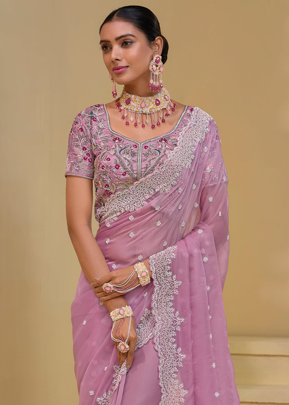 Lilac Purple Banarasi Tuscany Saree with Elegant Moti & Sequins Work