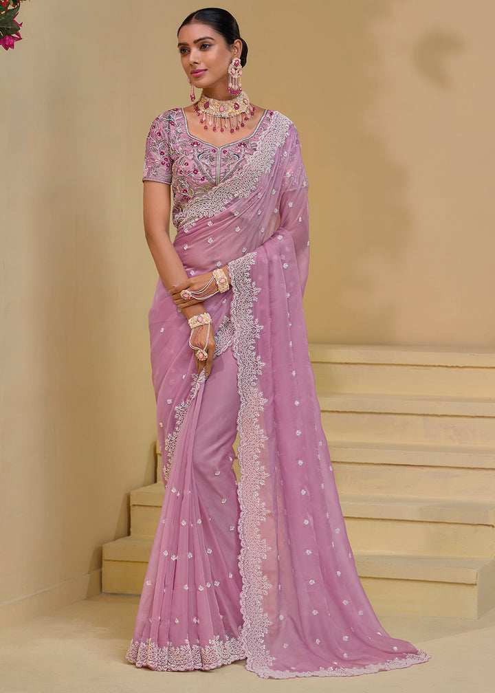 Lilac Purple Banarasi Tuscany Saree with Elegant Moti & Sequins Work