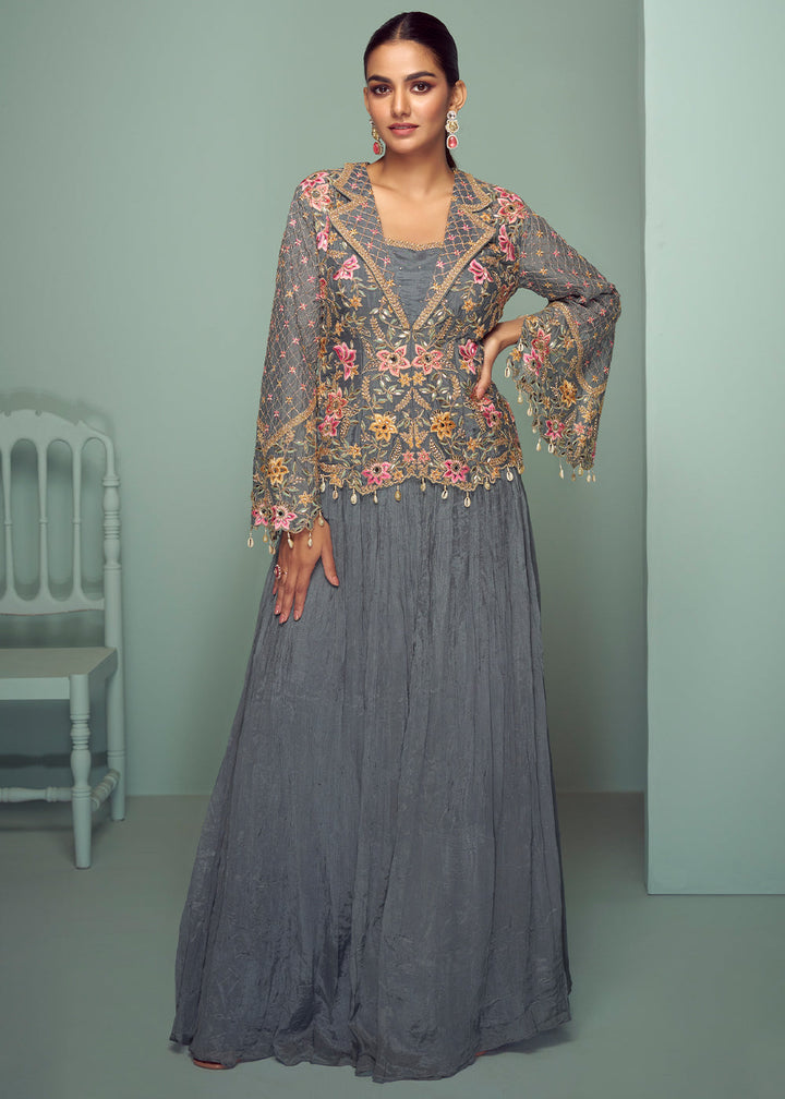 Steel Grey Chinon Silk Contemporary Embroidered Top & Skirt