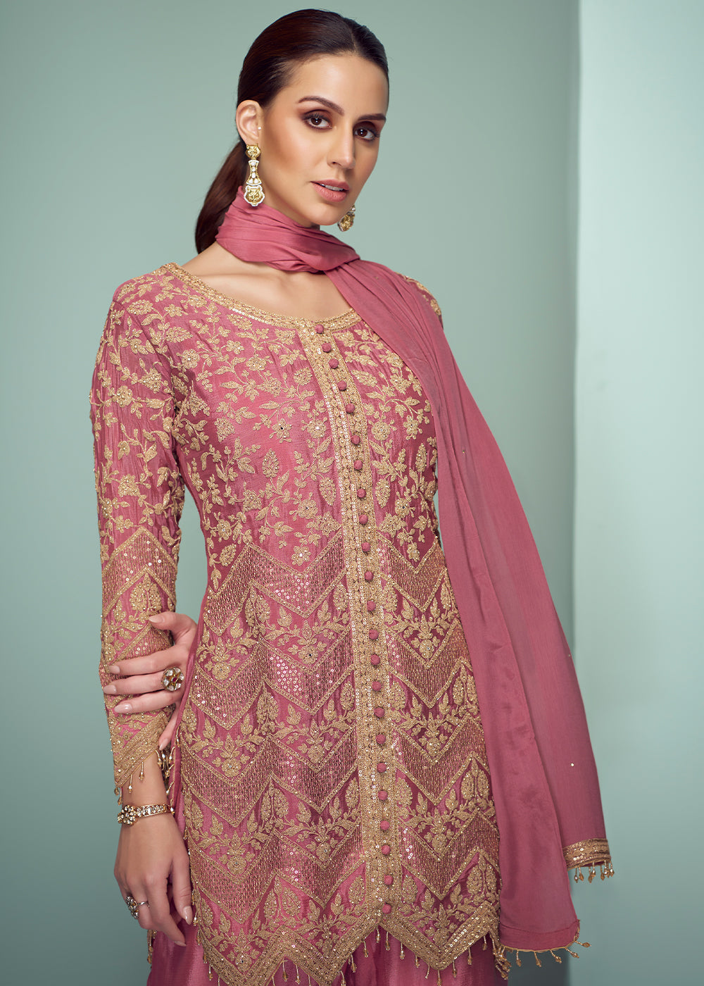 Mulberry Purple Chinon Silk Contemporary Embroidered Top with Pant & Dupatta