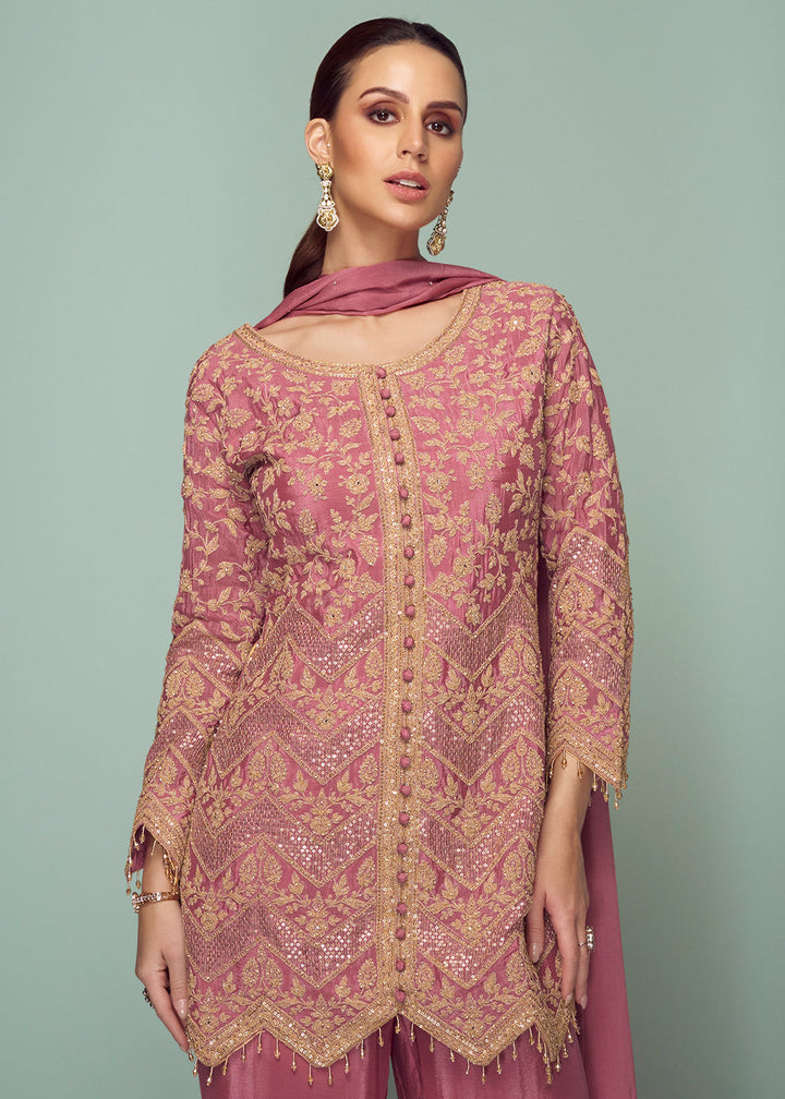 Mulberry Purple Chinon Silk Contemporary Embroidered Top with Pant & Dupatta