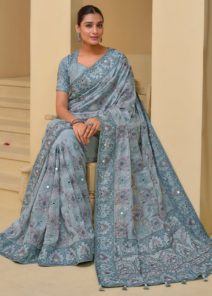 Bluish Grey White Banarasi Tuscany Saree with Jari, Moti, Mirror & Thread Embellishments