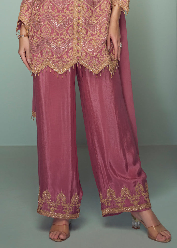 Mulberry Purple Chinon Silk Contemporary Embroidered Top with Pant & Dupatta