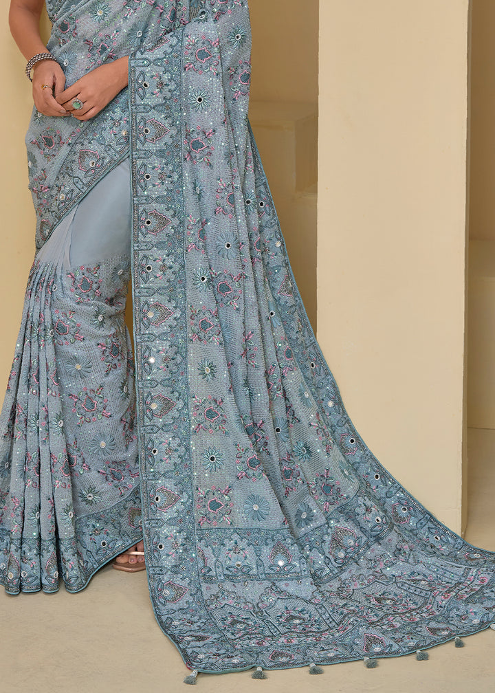 Bluish Grey White Banarasi Tuscany Saree with Jari, Moti, Mirror & Thread Embellishments