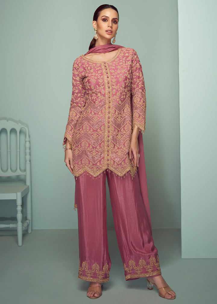 Mulberry Purple Chinon Silk Contemporary Embroidered Top with Pant & Dupatta