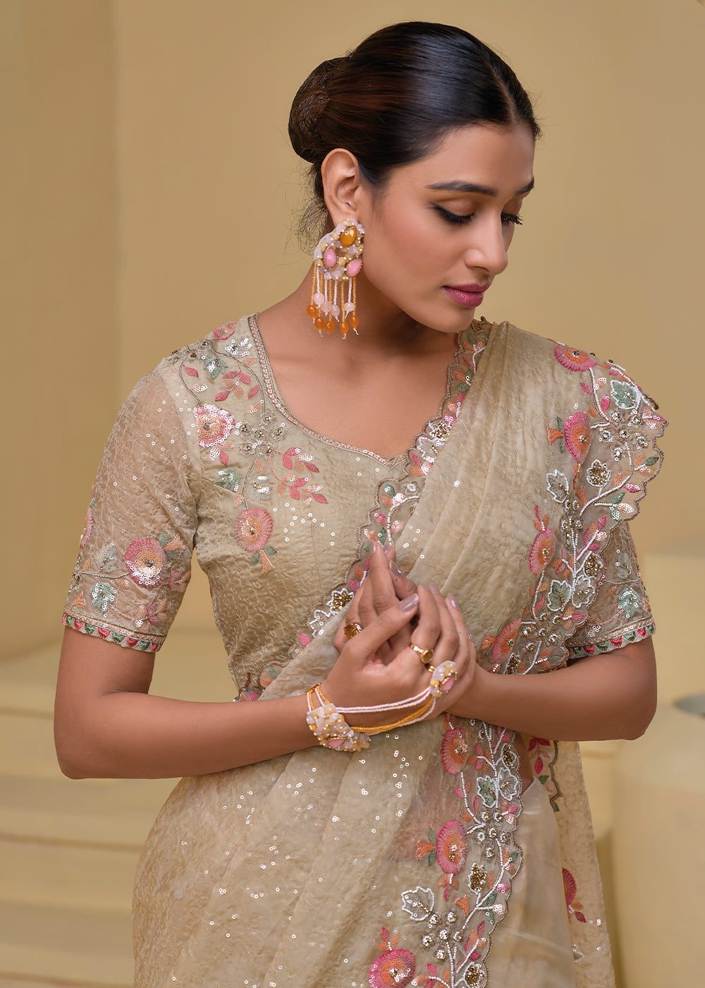 Beige Brown Tuscany Banarasi Saree with Intricate Zarkan & Moti Accents