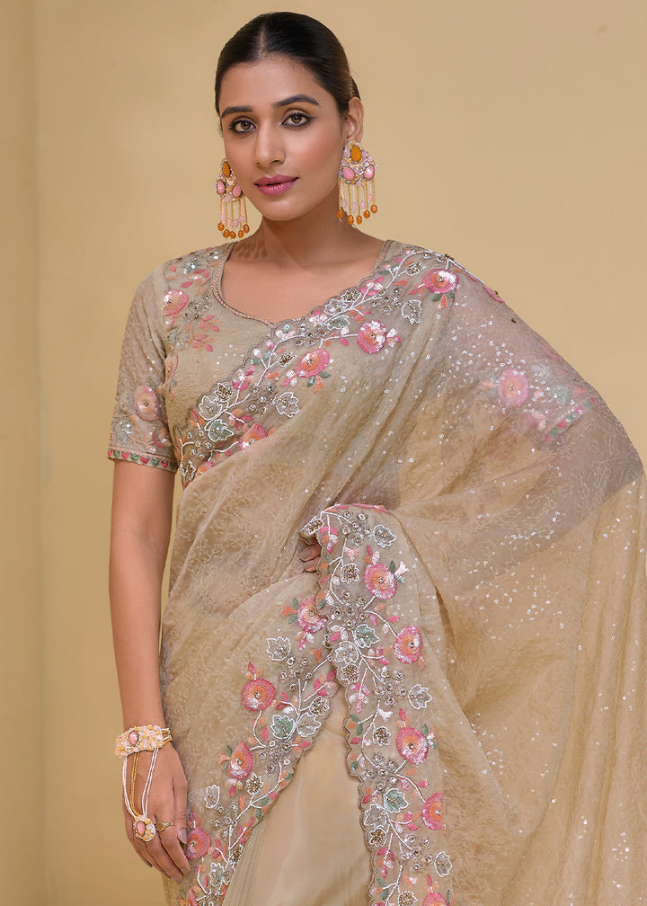 Beige Brown Tuscany Banarasi Saree with Intricate Zarkan & Moti Accents