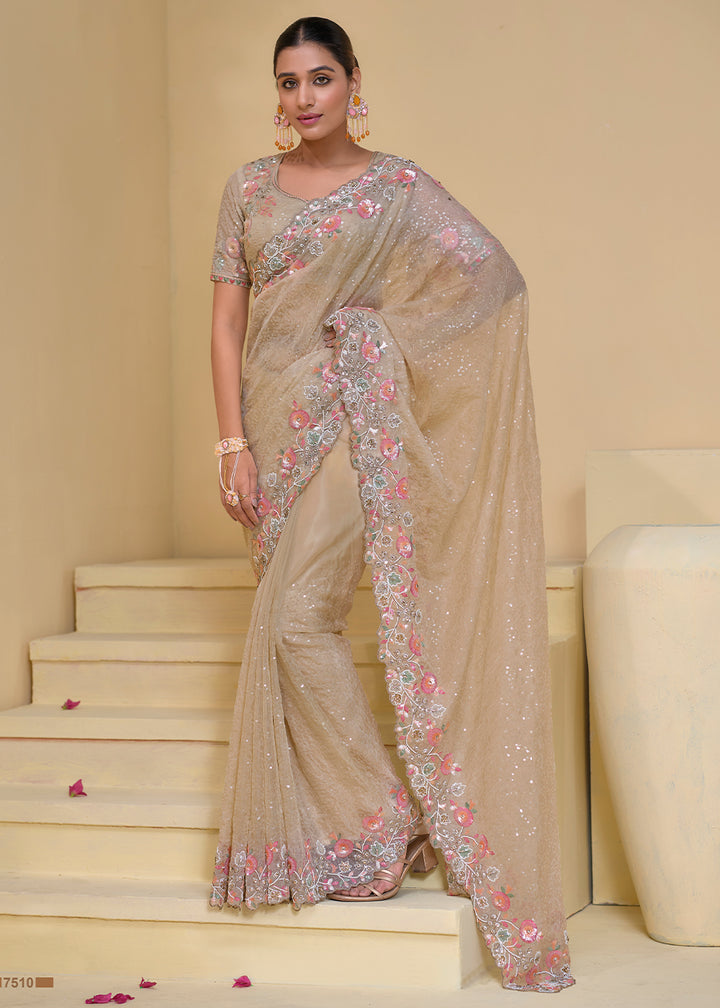 Beige Brown Tuscany Banarasi Saree with Intricate Zarkan & Moti Accents