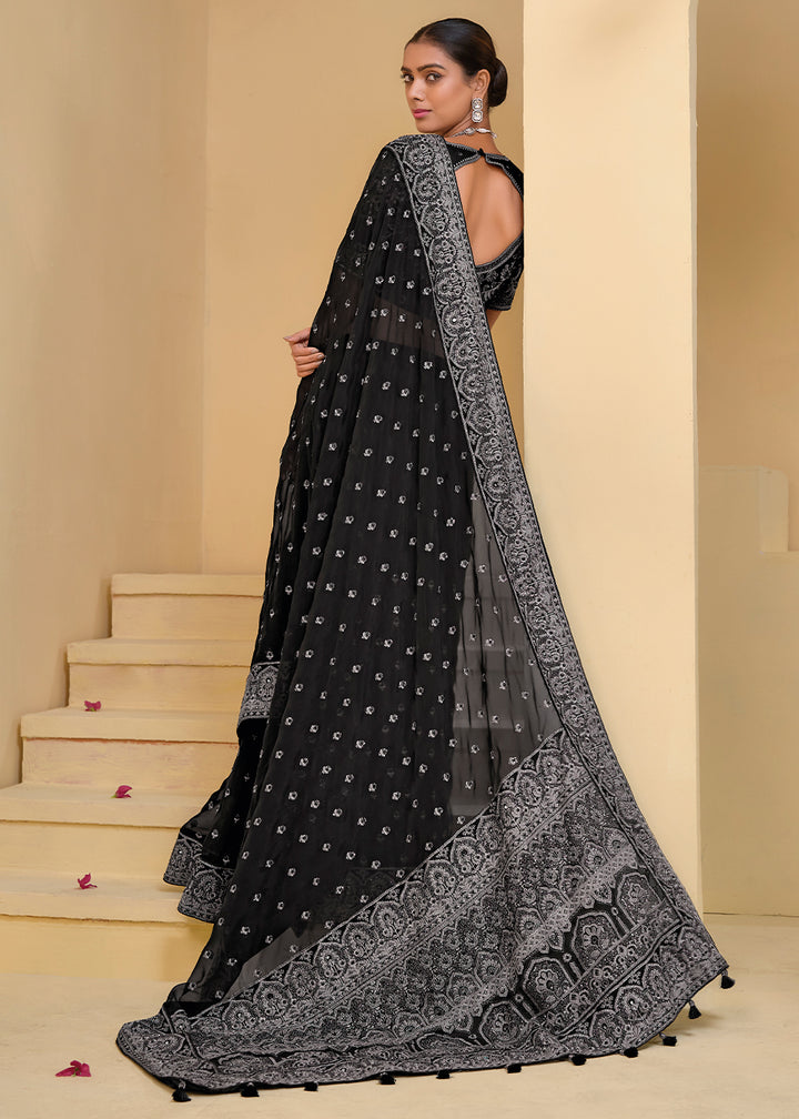 Midnight Black Banarasi Tuscany Saree with Zarkan, Moti, Cut Dana & Thread Detailing