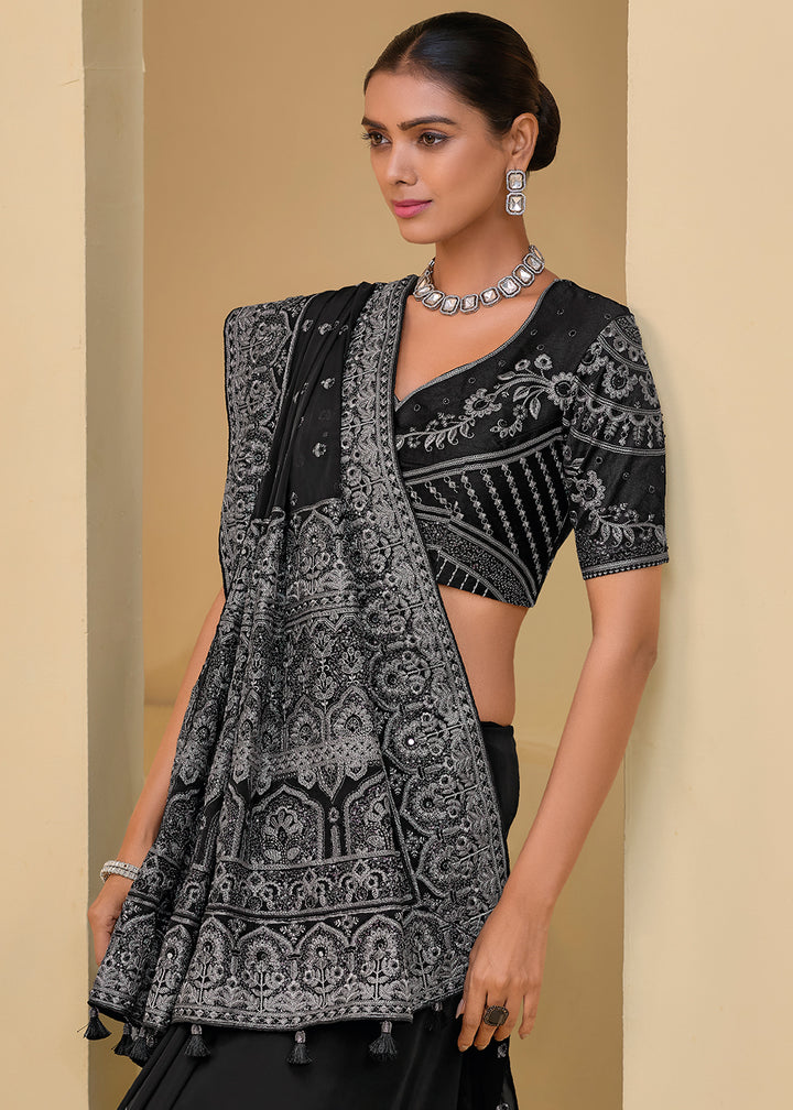 Midnight Black Banarasi Tuscany Saree with Zarkan, Moti, Cut Dana & Thread Detailing