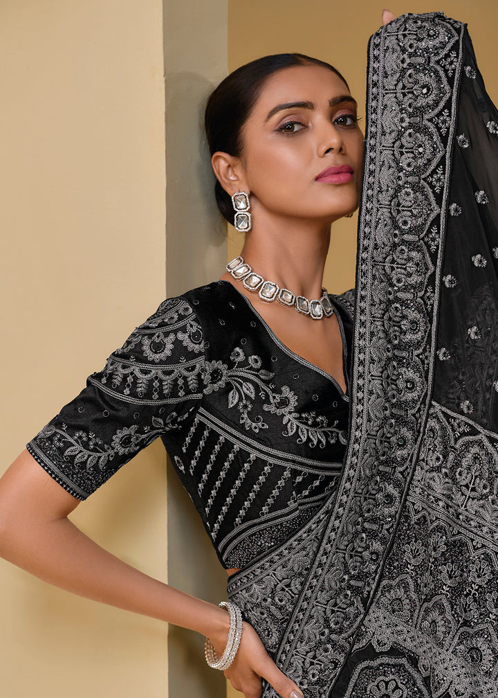 Midnight Black Banarasi Tuscany Saree with Zarkan, Moti, Cut Dana & Thread Detailing