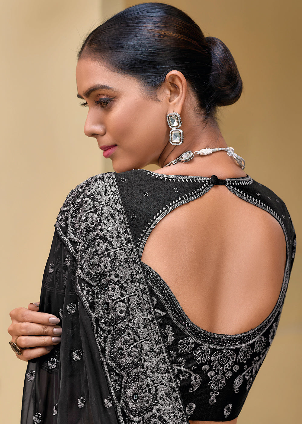 Midnight Black Banarasi Tuscany Saree with Zarkan, Moti, Cut Dana & Thread Detailing