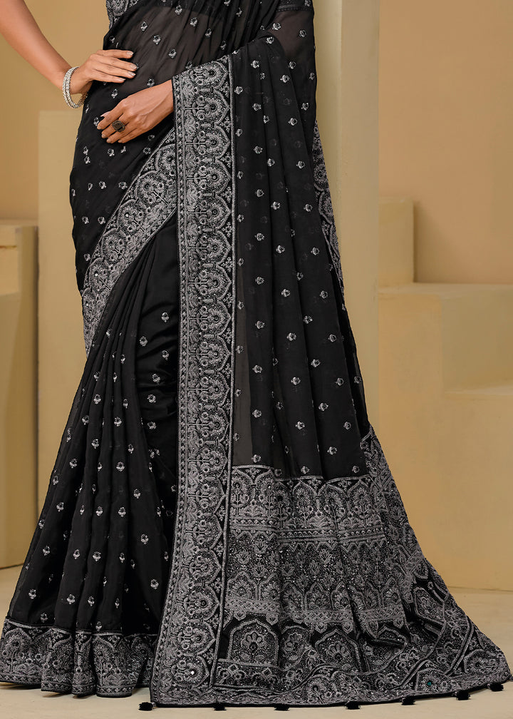 Midnight Black Banarasi Tuscany Saree with Zarkan, Moti, Cut Dana & Thread Detailing