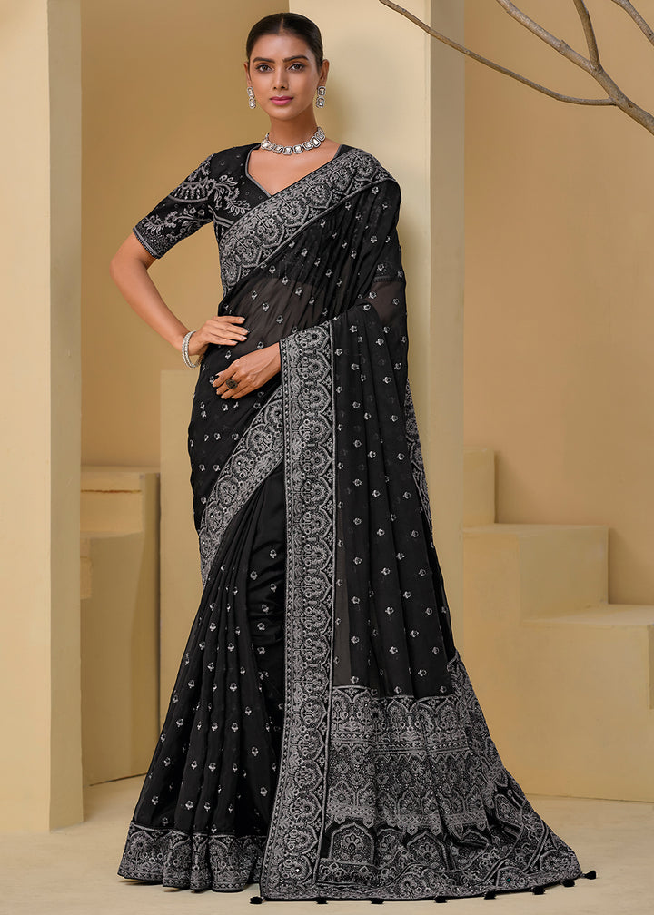 Midnight Black Banarasi Tuscany Saree with Zarkan, Moti, Cut Dana & Thread Detailing