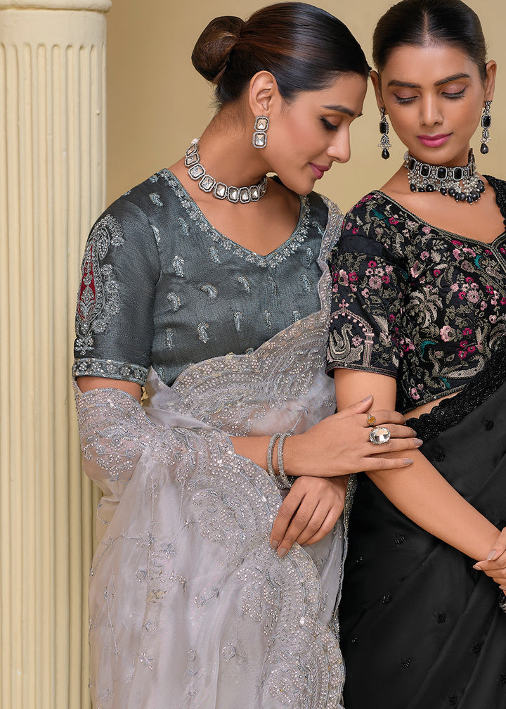 Cloud Grey Moti, Sequins & Thread Embellished Banarasi Tuscany Saree