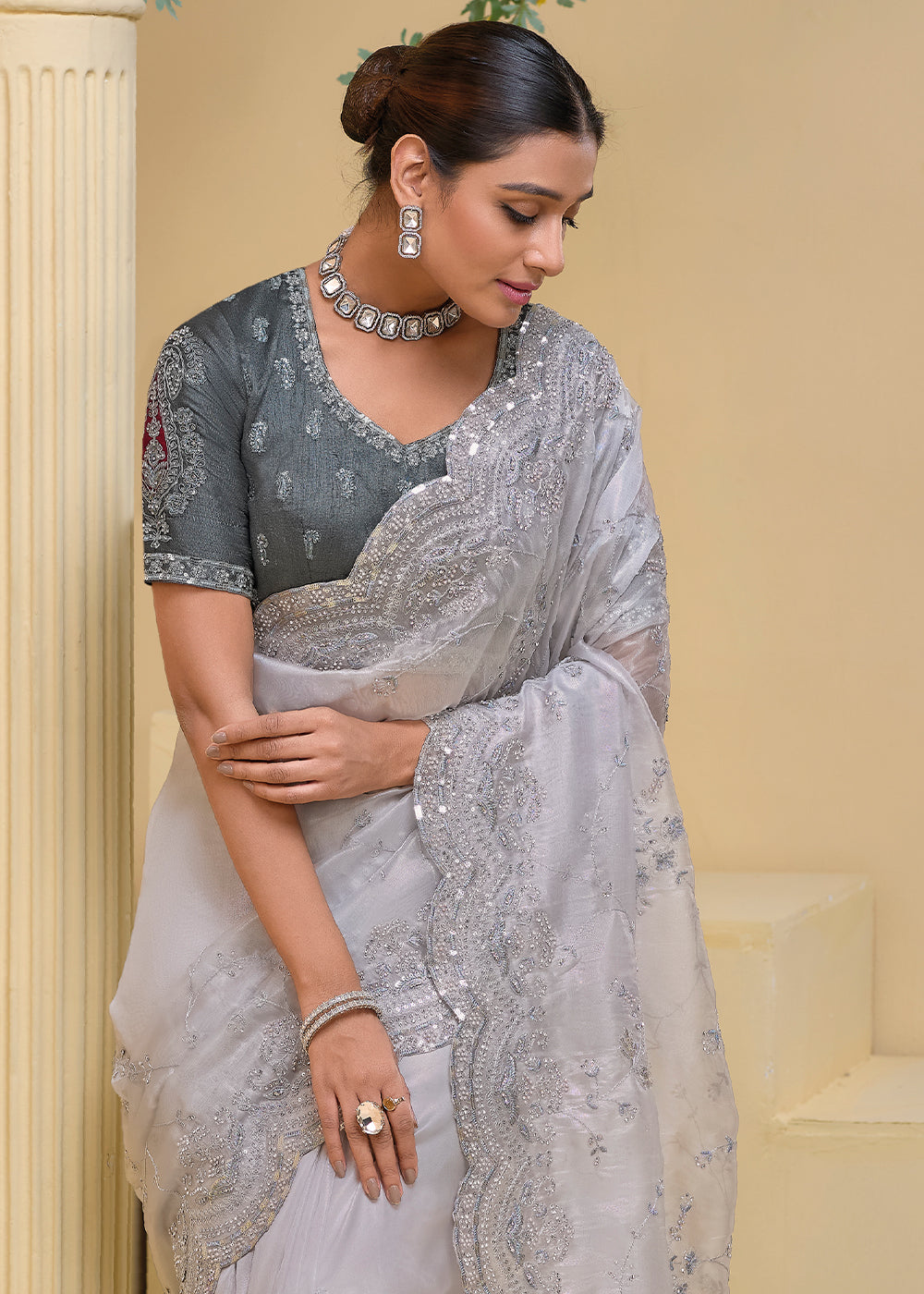 Cloud Grey Moti, Sequins & Thread Embellished Banarasi Tuscany Saree