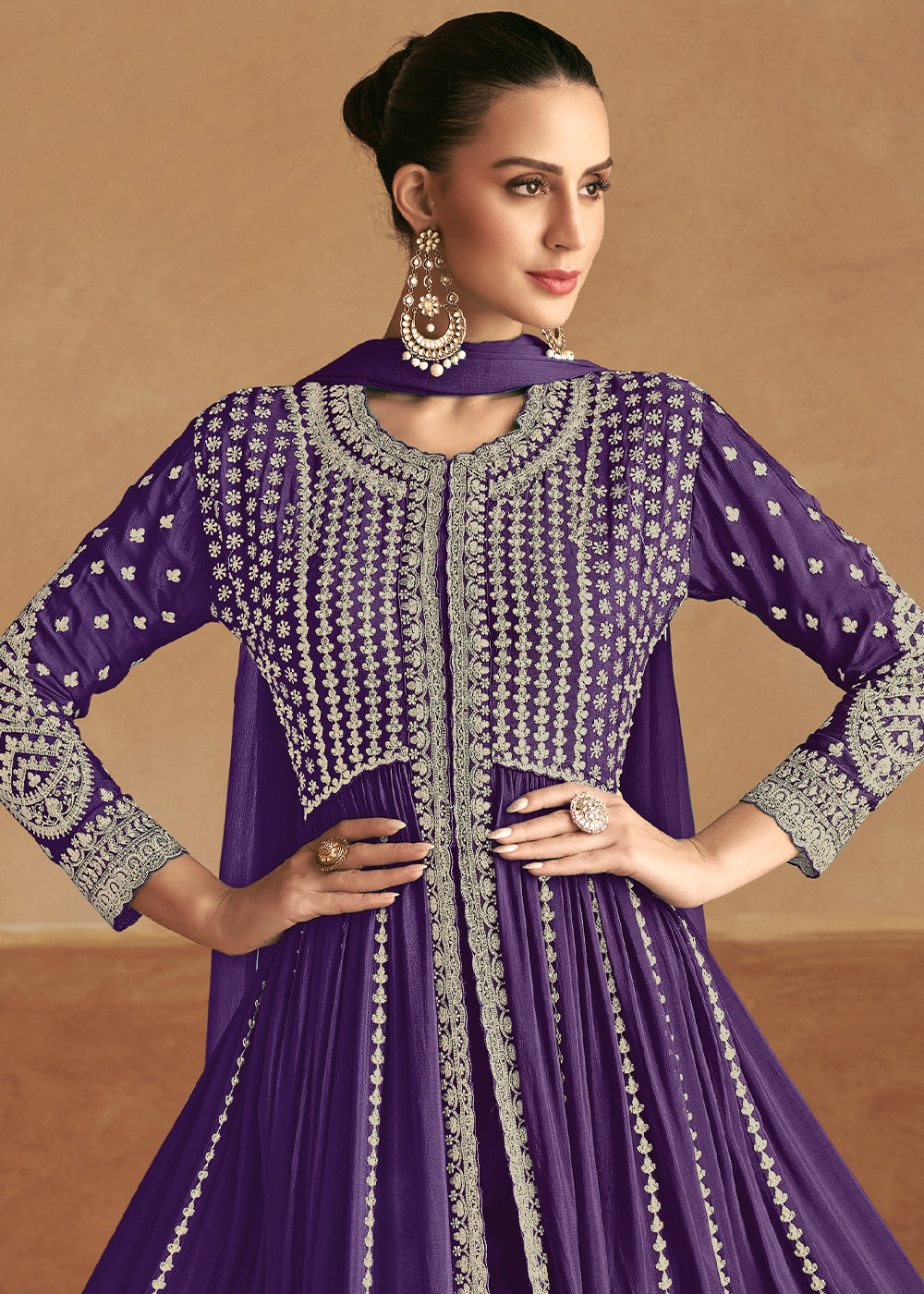 Grape Purple Georgette Pant Suit with Front Slit and Dual-Sided Embroidery