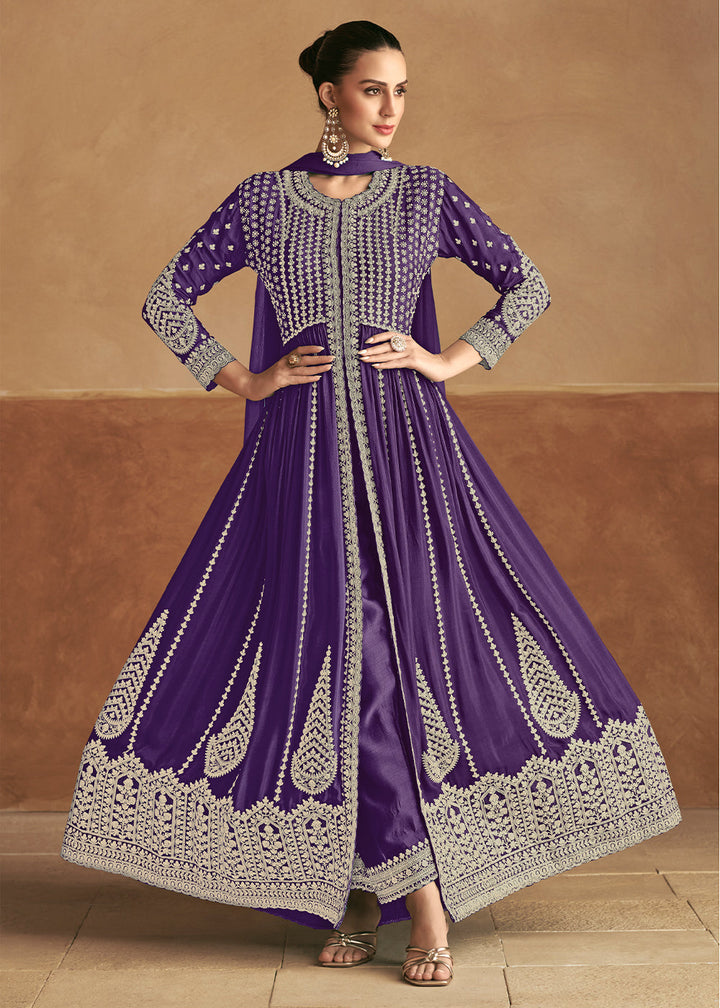 Grape Purple Georgette Pant Suit with Front Slit and Dual-Sided Embroidery