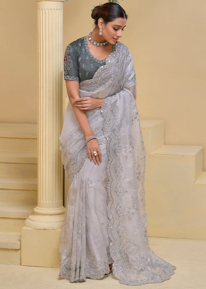 Cloud Grey Moti, Sequins & Thread Embellished Banarasi Tuscany Saree