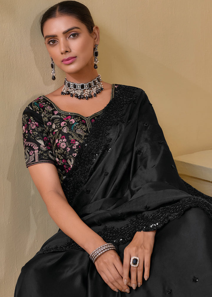 Onyx Black Banarasi Tuscany Saree with Elegant Moti & Sequins Work