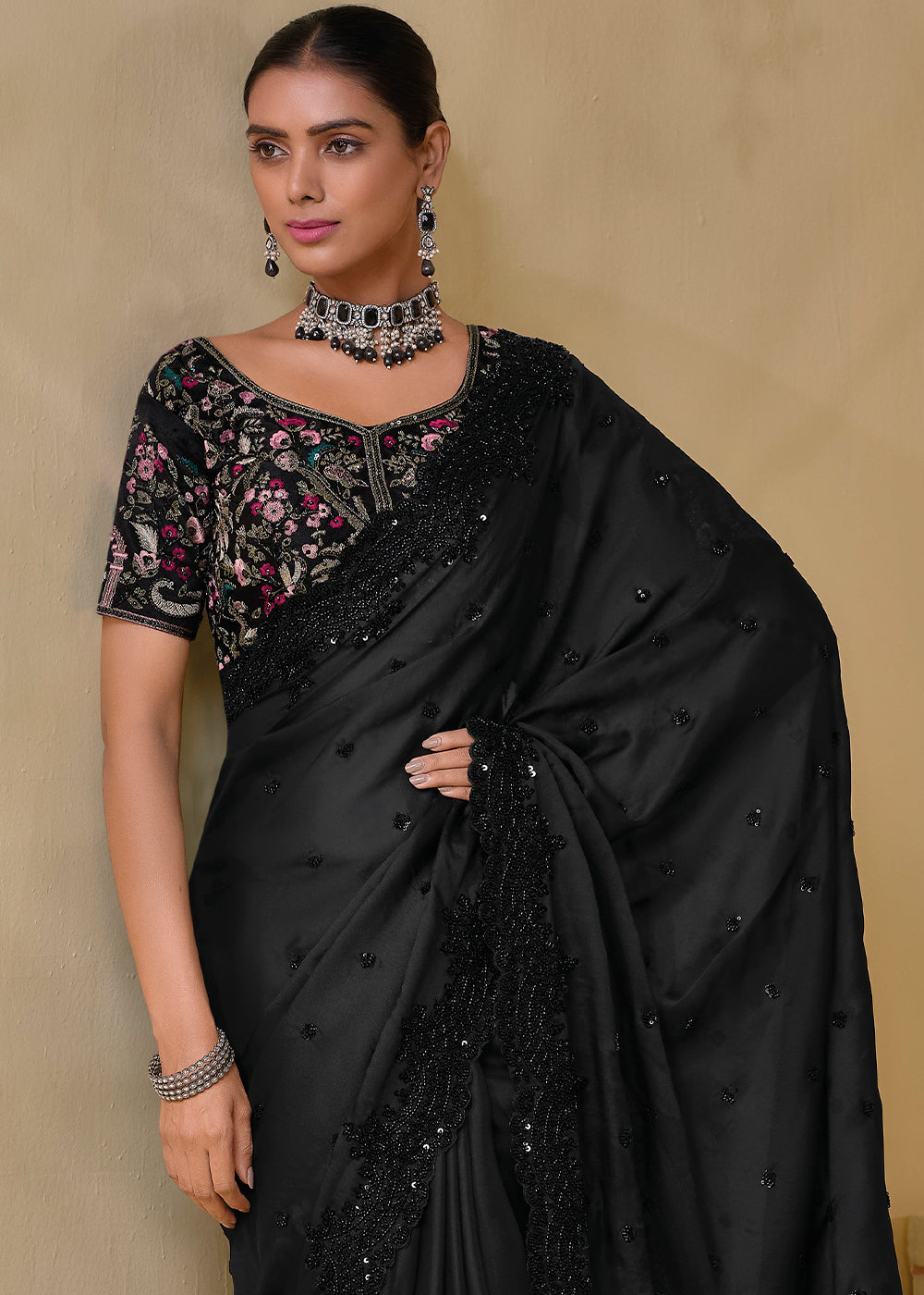 Onyx Black Banarasi Tuscany Saree with Elegant Moti & Sequins Work