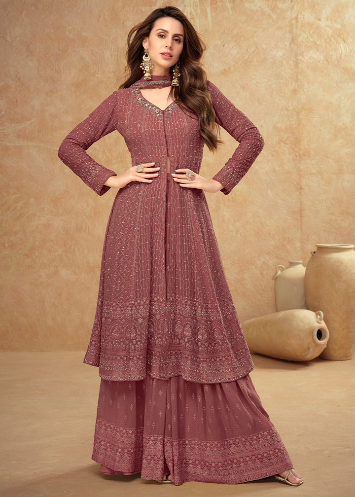 Squirrel Brown Front Slit Palazzo Suit in Georgette with Elegant Embroidery