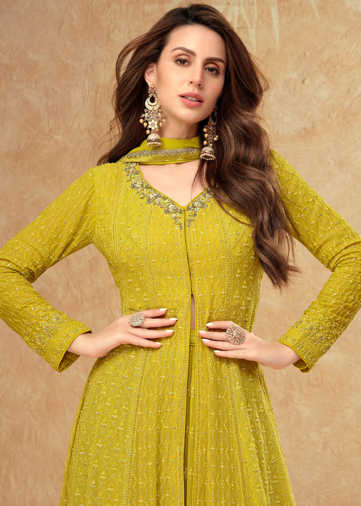 Titanium Yellow Front Slit Palazzo Suit in Georgette with Elegant Embroidery