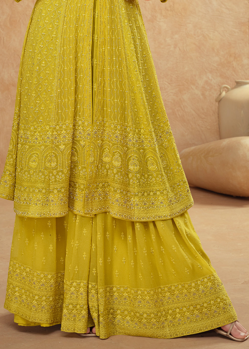 Titanium Yellow Front Slit Palazzo Suit in Georgette with Elegant Embroidery