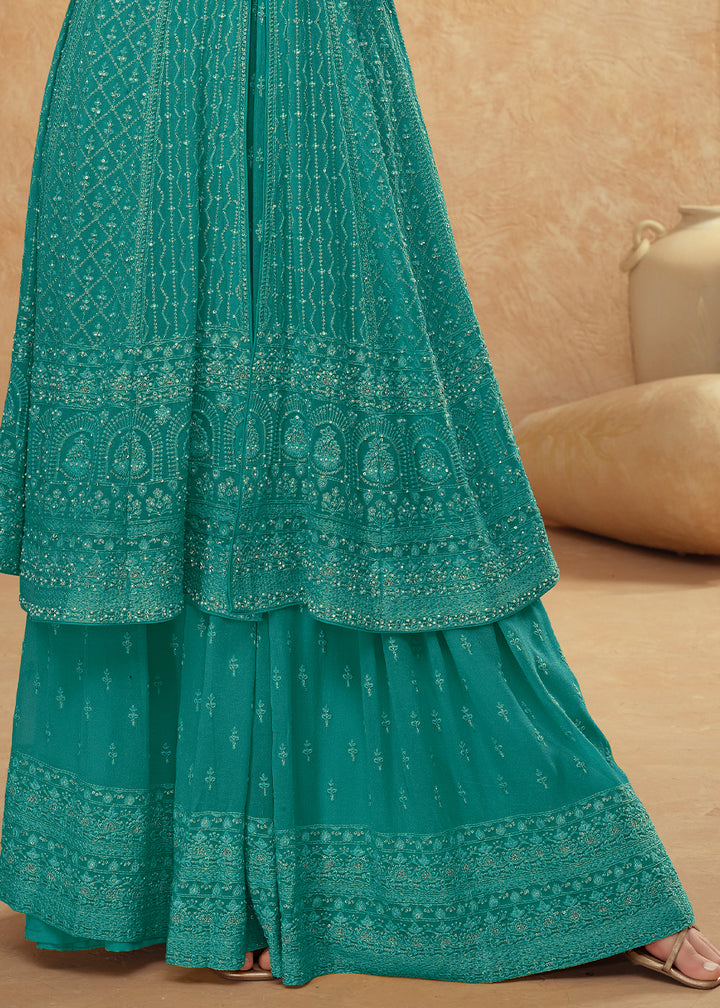 Teal Blue Front Slit Palazzo Suit in Georgette with Elegant Embroidery