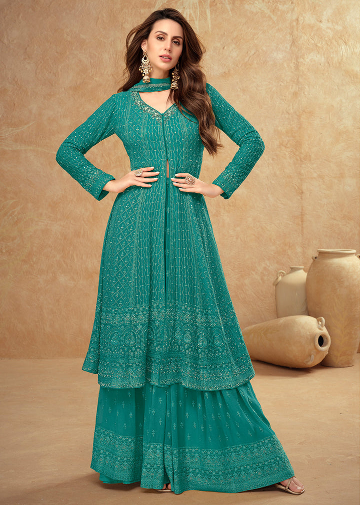 Teal Blue Front Slit Palazzo Suit in Georgette with Elegant Embroidery