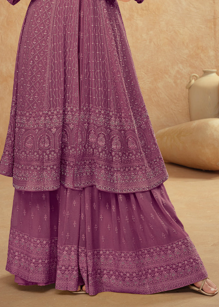 Wildberry Purple Front Slit Palazzo Suit in Georgette with Elegant Embroidery