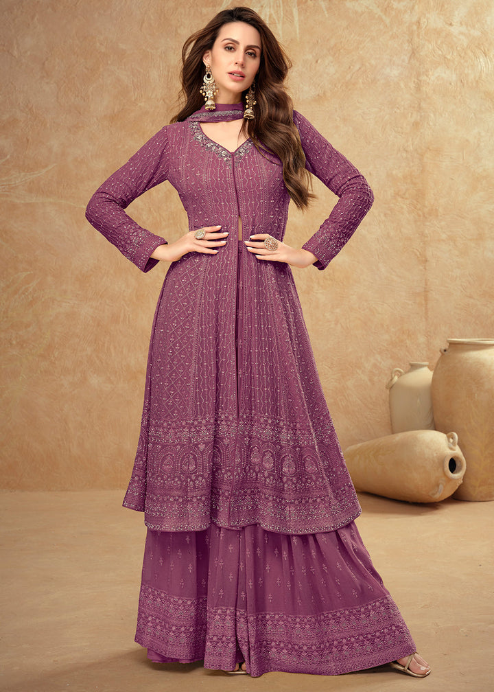 Wildberry Purple Front Slit Palazzo Suit in Georgette with Elegant Embroidery