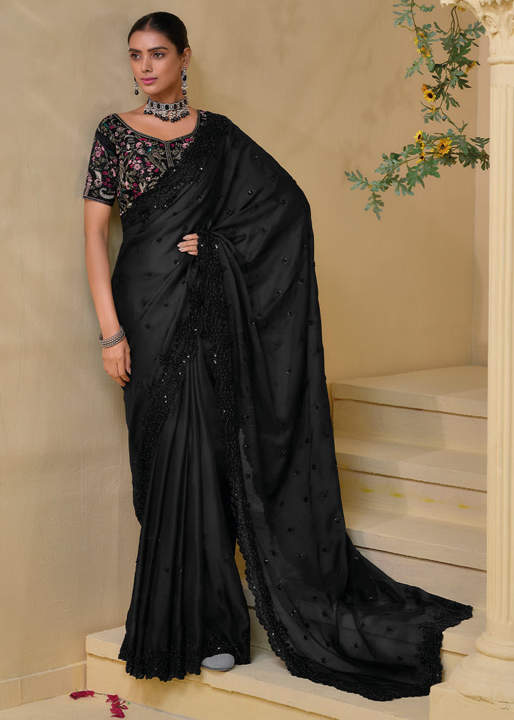 Onyx Black Banarasi Tuscany Saree with Elegant Moti & Sequins Work