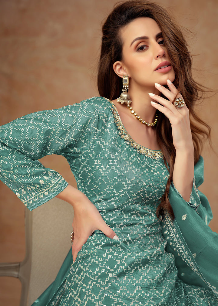 Persian Green Embroidered Silk Plazzo Suit