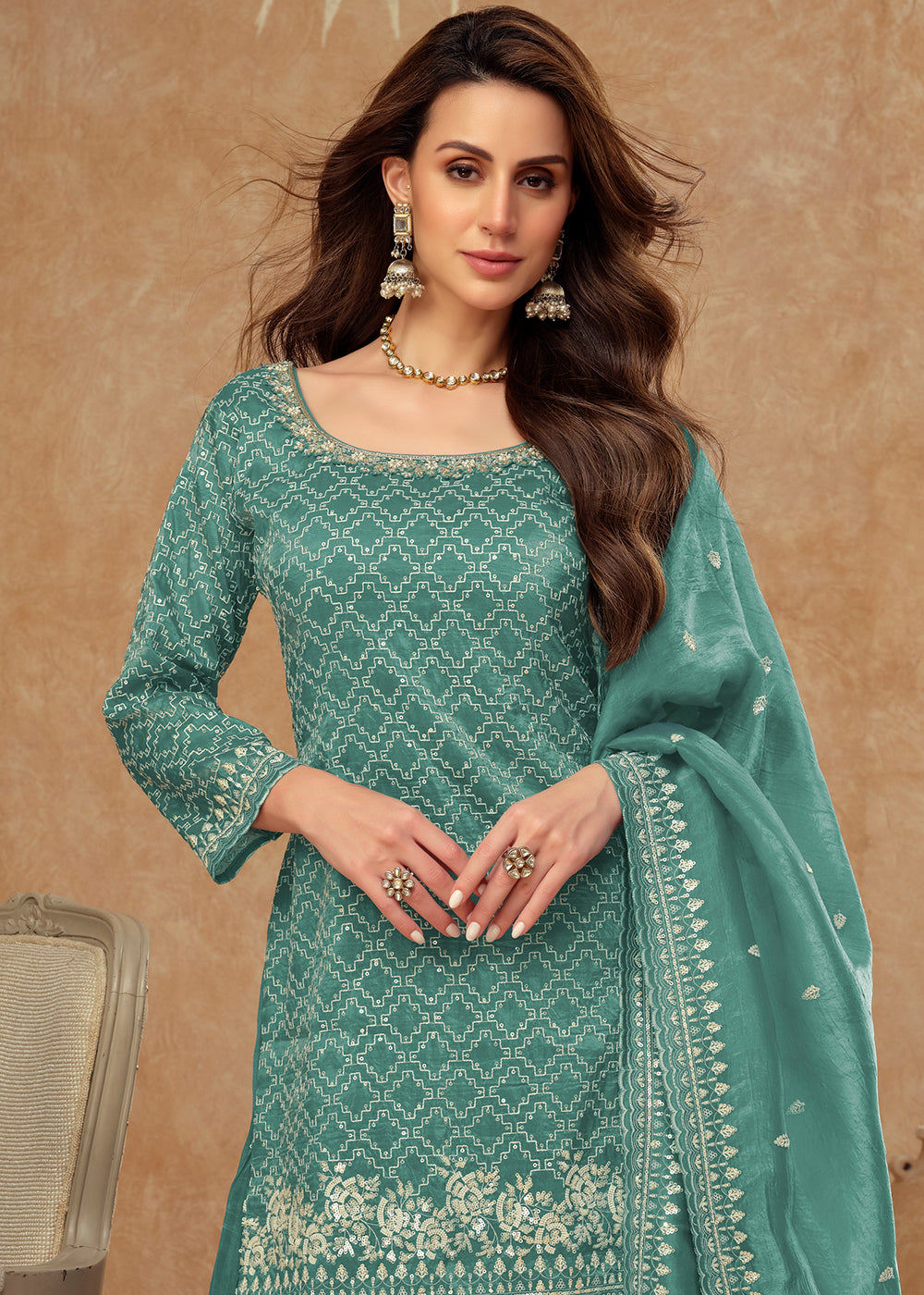 Persian Green Embroidered Silk Plazzo Suit