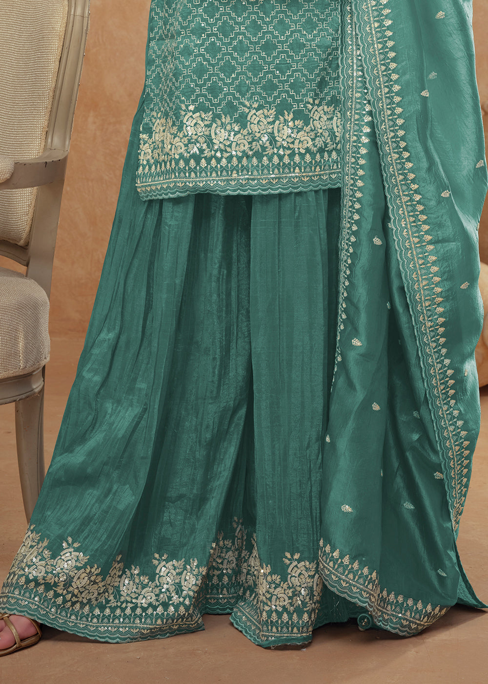 Persian Green Embroidered Silk Plazzo Suit