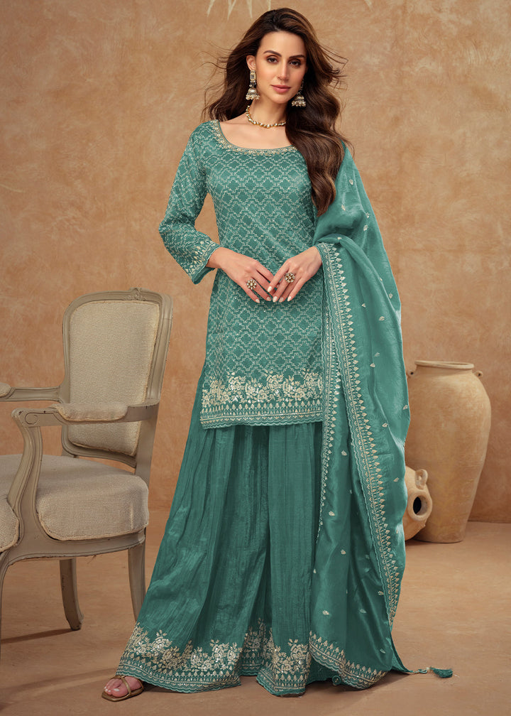 Persian Green Embroidered Silk Plazzo Suit