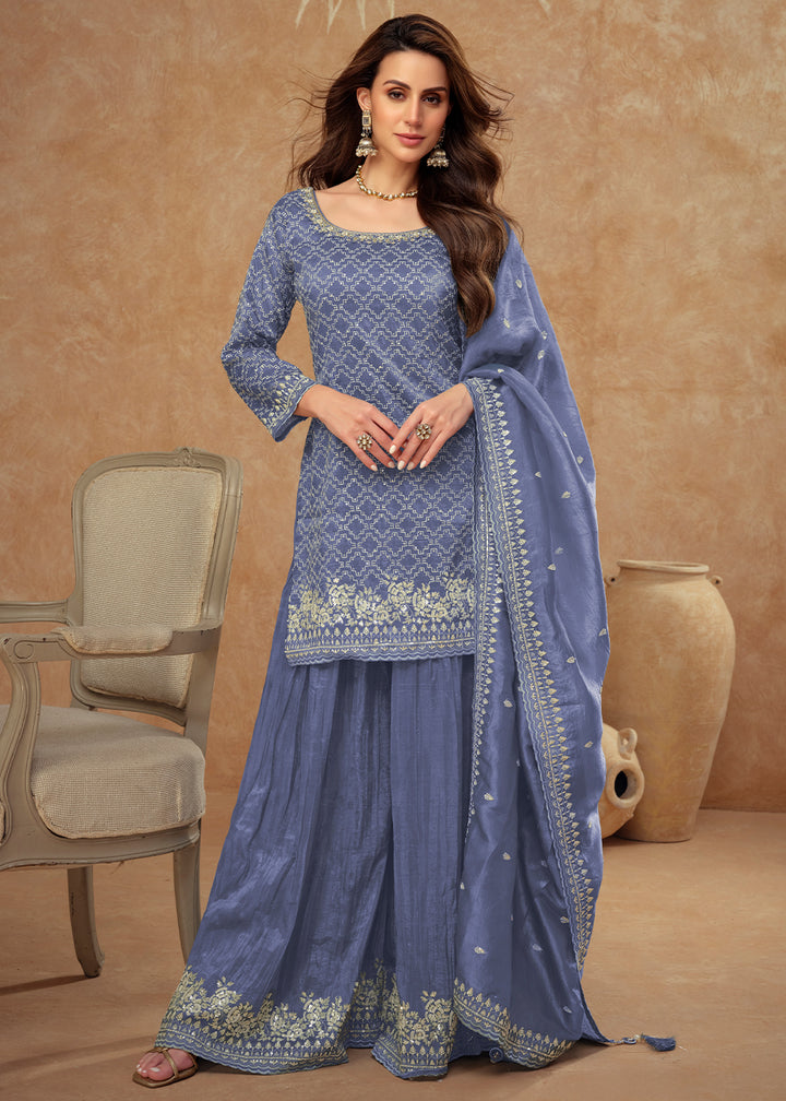 Steel Blue Embroidered Silk Plazzo Suit