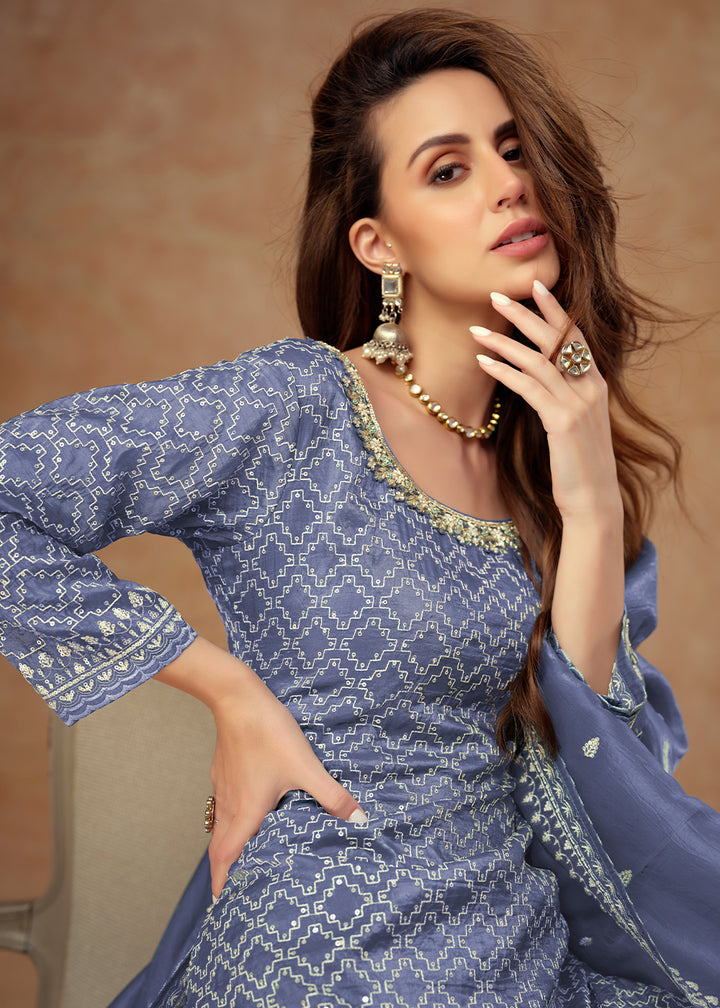 Steel Blue Embroidered Silk Plazzo Suit