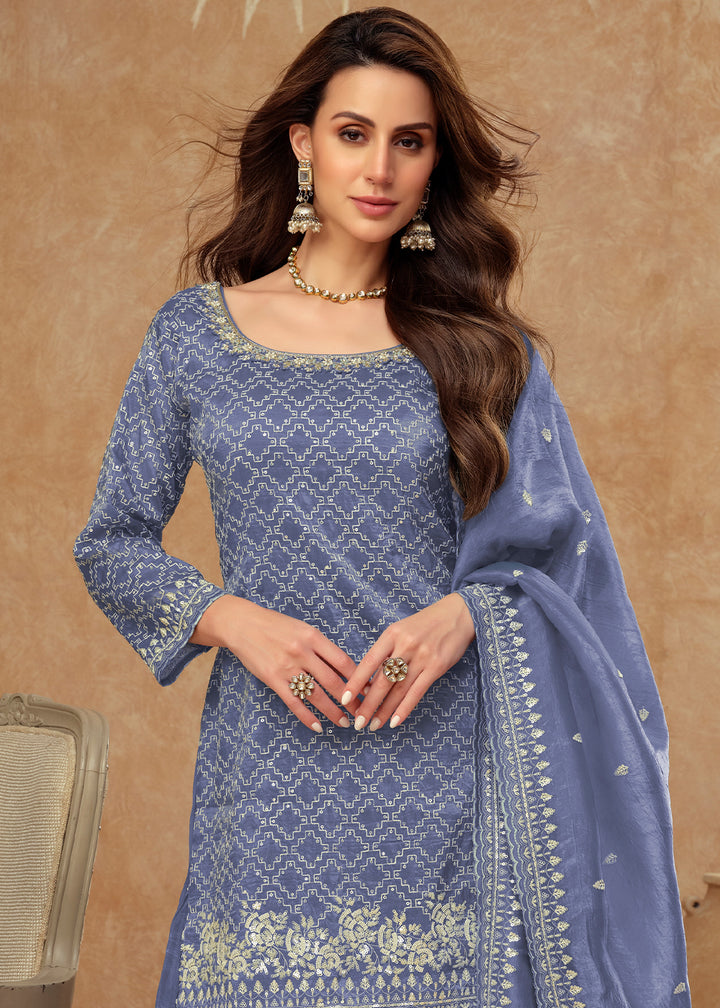 Steel Blue Embroidered Silk Plazzo Suit