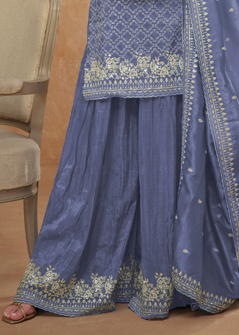 Steel Blue Embroidered Silk Plazzo Suit