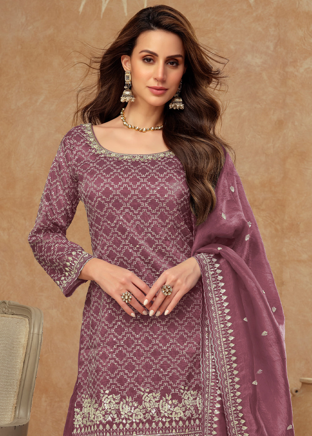 Damson Purple Embroidered Silk Plazzo Suit