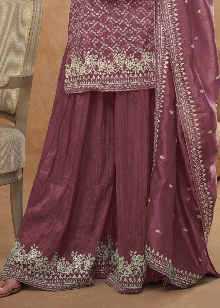 Damson Purple Embroidered Silk Plazzo Suit