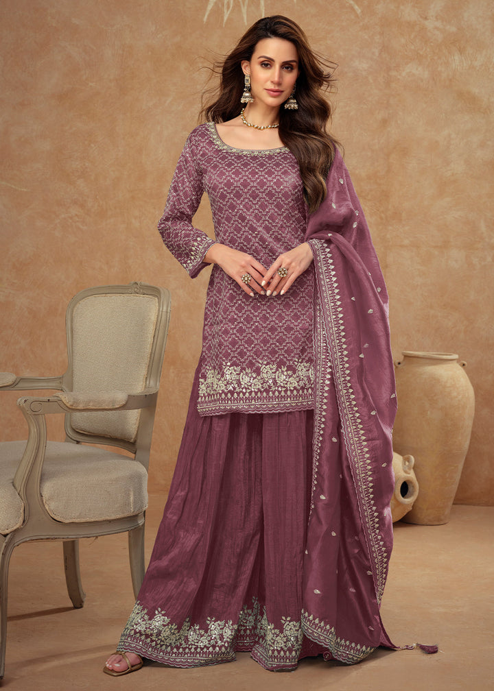 Damson Purple Embroidered Silk Plazzo Suit