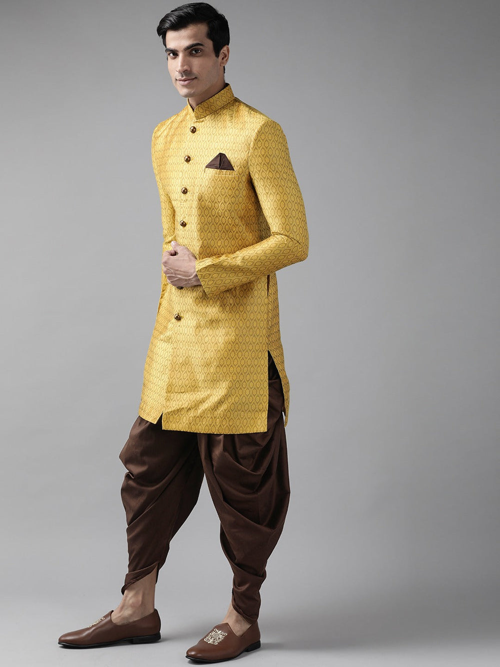 Sarvati Men's Mustard Yellow And Coffee Silk Blend Sherwani Set