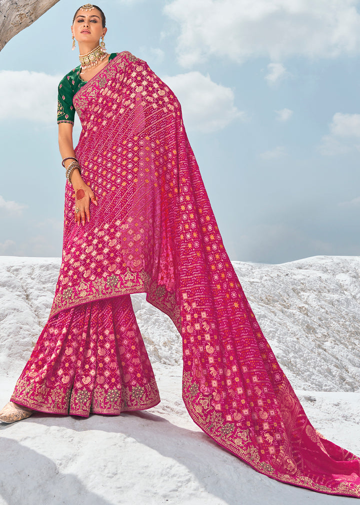 Strawberry Pink Georgette Silk Saree Featuring Zari Weave, Bandhani, and Patola Design