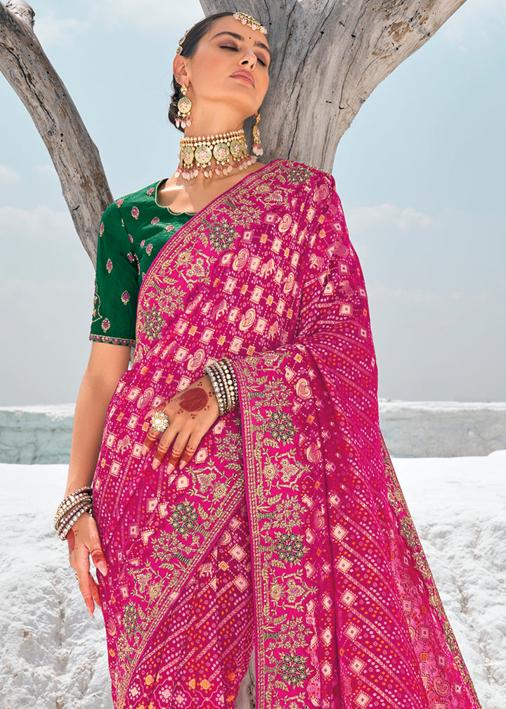 Strawberry Pink Georgette Silk Saree Featuring Zari Weave, Bandhani, and Patola Design